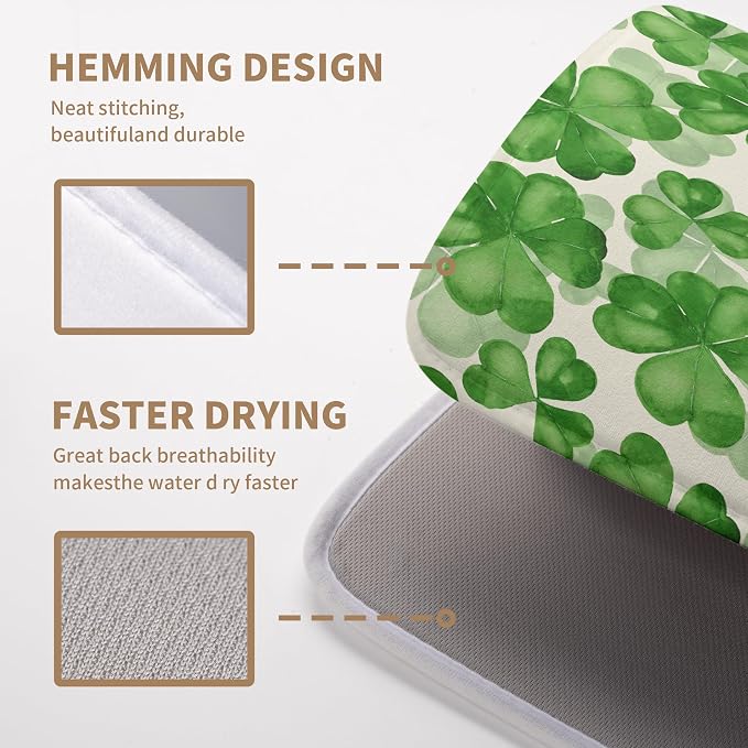 St Patrick's Day Green Clover Drying Mat for Kitchen Counter Watercolor Shamrock St Patricks Day Dish Drying Mats Spring Lucky Clovers Absorbent Reversible Dish Drainer Rack Mat Dish Pad 18x24 Inch