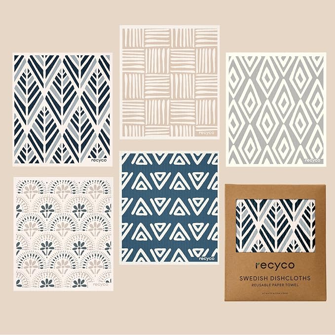 RECYCO Swedish Dishcloths for Kitchen | 5 Pack Boho Neutral Boho Washable Dish Rags | Cellulose Reusable Cleaning Paper Towels | Absorbent Counter Dish Cloth Sponge Kitchen Wipes, 8" L x 7" W