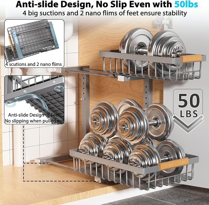 Liuoud Under Sink Organizer 2 Pack, 2 Tier Slide Out Large Capacity Height Adjustable Under Sink Organizers and Storage for Kitchen Bathroom Cabinet, Grey