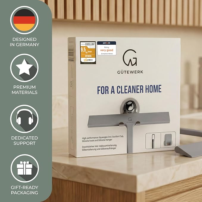 GÜTEWERK Silicone Shower Squeegee for Glass Doors & Mirrors with Stainless Steel Core, Streak-Free & No-Squeak Window Cleaning, 3-in-1 No-Drill Mount (Hook/Suction/Adhesive),Gray, 11 Inches