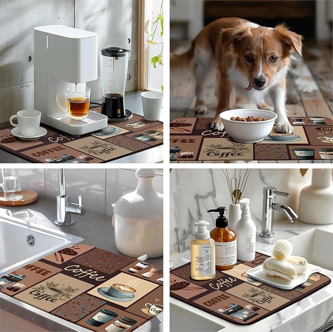 Coffee Theme Dish Drying Mats for Kitchen Counter Absorbent Microfiber Dish Drainer Mats Brown Pattern Coffee Bar Mat for Countertop Washable Dishes Drying Pad Extra Large 18x24 Inch