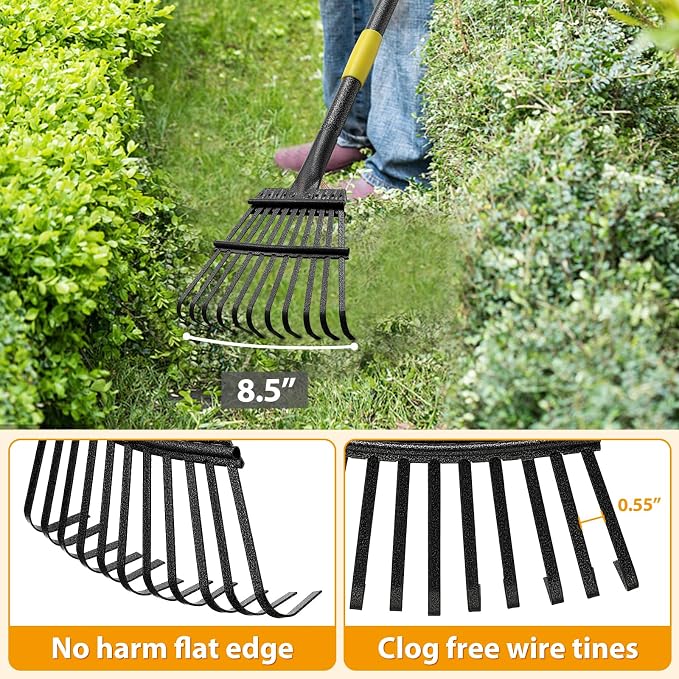 Rake for Leaves, Leaf Garden Rake, Yard Rakes for Lawns Heavy Duty, Metal Tools with 9" Small Narrow Head, 37”-79” Adjustable Long Handle, 11 Steel Tines, Quick Clean up Tool for Shrub, Camping