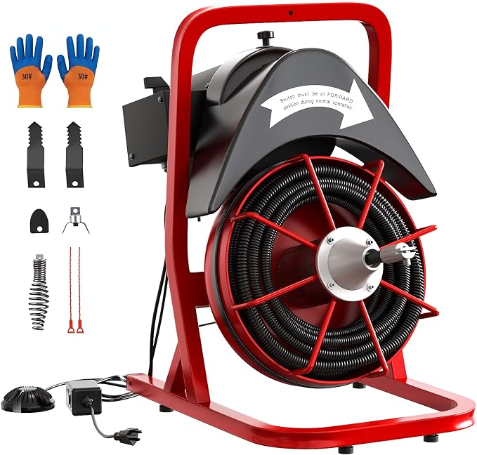 Garvee Drain Cleaner Machine 75FT x 1/2 Inch Steel Core Cable Portable 370W Electric Drain Cleaning Machine With Sewer Auger, Cutter, Air-activated Foot Switch, for Commercial, Home | Durable steel cable , 370W motor, auto-feed, foot switch, portable w...