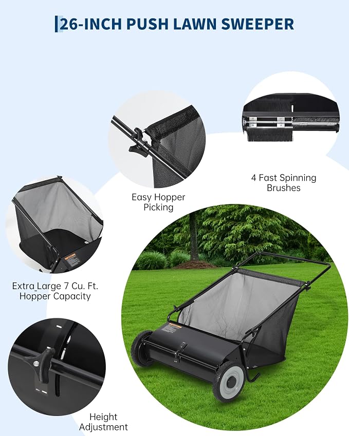 26-Inch Push Lawn Sweeper,7 Cu. Ft. Large Capacity Collection Bag,4 Spinning Brushes, Adjustable Height, Durable Steel Frame with Rubber Wheels, for Grass, Leaves & Debris Collector on All Terrains