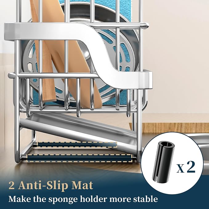 Consumest Sponge Holder for Kitchen Sink - Sink Caddy with Stainless Steel Self Drain Tray, Sink Organizer with High Brush Holder Countertop for Kitchen Sink Accessories, Silver