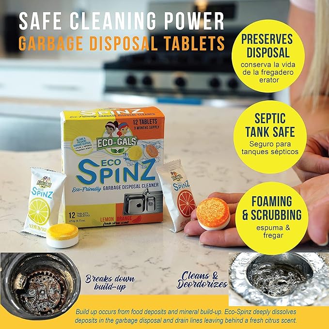 Bundle of Eco-Gals Eco Spinz Disposal Cleaner for Fresher Kitchen and Disposal Plus Eco-Gals' Dish Deputy Dishwasher Magnet to Help With Kitchen Organization