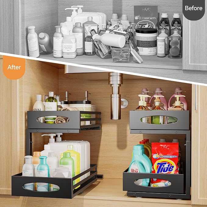 Under Sink Organizer, 2 Tier Under Sink Organizers and Storage, Adjustable Height, Slide out Metal Cabinet Organizers, Pull out Cabinet Storage Drawer Shelf for Kitchen Bathroom (Black, 1 Pack)