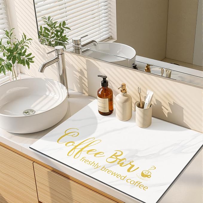 Findosom Dish Drying Mat, 18" x 24" Super Absorbent & Hide Stain Coffee Mat, Cuttable Drying Mat for Kitchen Counter, Coffee Bar Accessories, Under Dish Rack, Coffee Maker, Espresso Machine, White