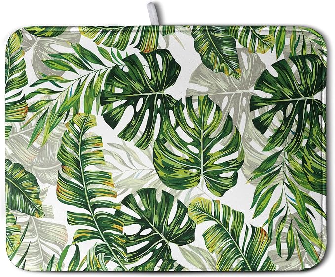 Tropical Palm Leaves Dish Drying Mat for Kitchen Counter 18x24 Inch, Green Monstera Kitchen Drying Mat,Watercolor Herbs Dishes Pad Dish Drainer Rack Mats Absorbent Fast Dry Kitchen Accessories