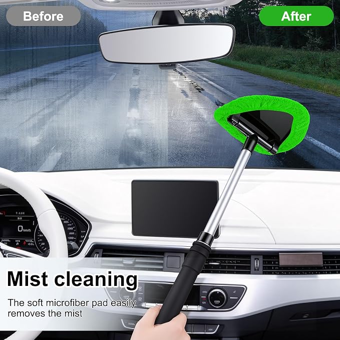 JUSTTOP Windshield Cleaner Tool, Car Interior and Exterior Window Cleaning Kit with Extendable Handle & 4 Reusable Microfiber Pads, Auto Glass Wiper Brush Kit for Car & Home Windows (Green)