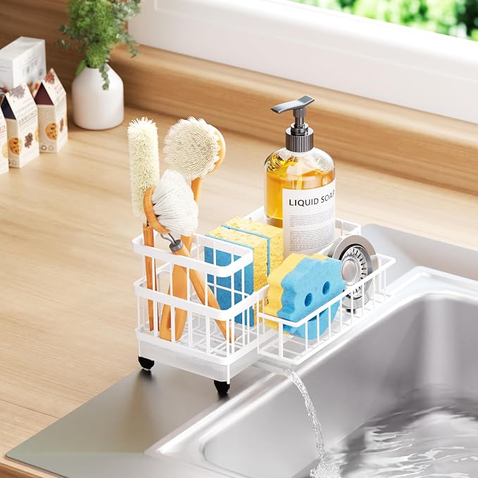 Consumest Sponge Holder for Kitchen Sink - Auto Draining Sink Caddy Organizer with Detachable Rack, High Brush Holder, Kitchen Countertop Storage Accessories, White