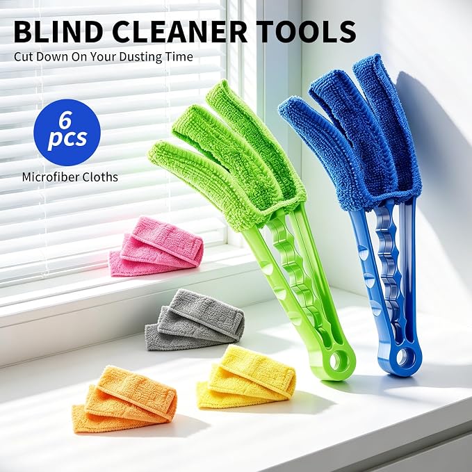 Window Blind Cleaner Duster Brush, 2 Pack with 6 Reusable Microfiber Sleeves for Venetian Blinds, Cleaning Tools for Window Blinds, Air Conditioner Vents, Fans, Car Vent
