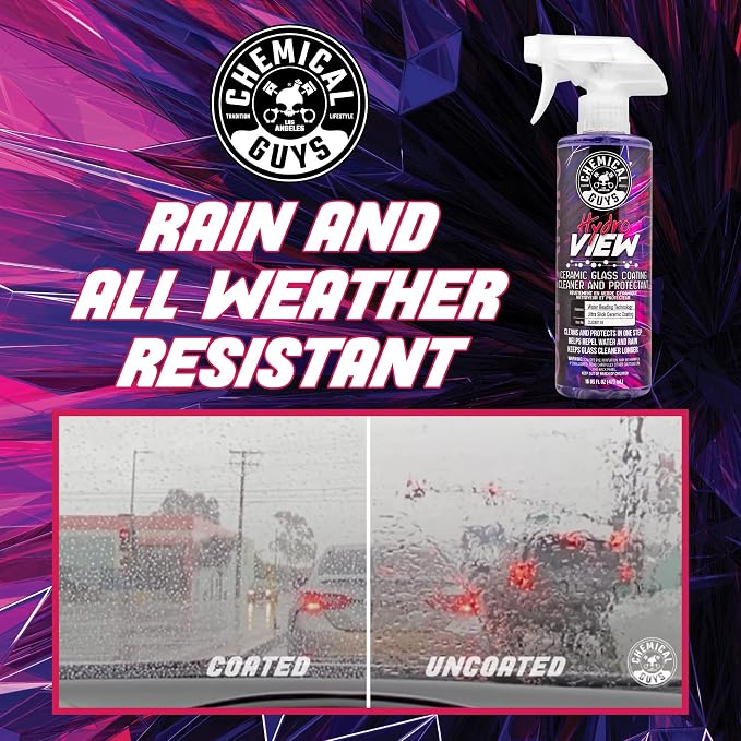 Chemical Guys, HydroView Ceramic Glass Cleaner & Coating for Windows, 16 oz | Cleans glass while adding a hydrophobic layer that beads water and cuts spots for clearer views in rain or fog