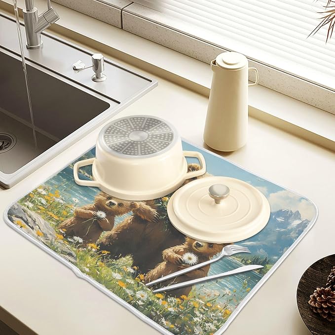 Three Bear Dish Drying Mat for Kitchen Ccounter Absorbent Microfiber Small Drying Pad Dandelion Wildflowers Dish Mats for Kitchen Countertops 16 x 18 Inch