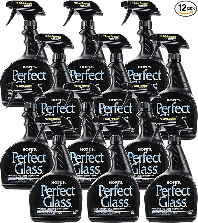HOPE'S Perfect Glass Cleaner Spray, Streak-Free, Ammonia-Free Window, Mirror, Screen, Tinted Glass, and Shower Door Cleaner, Indoor and Outdoor Glass Surfaces, 32 Fl Oz, Pack of 12