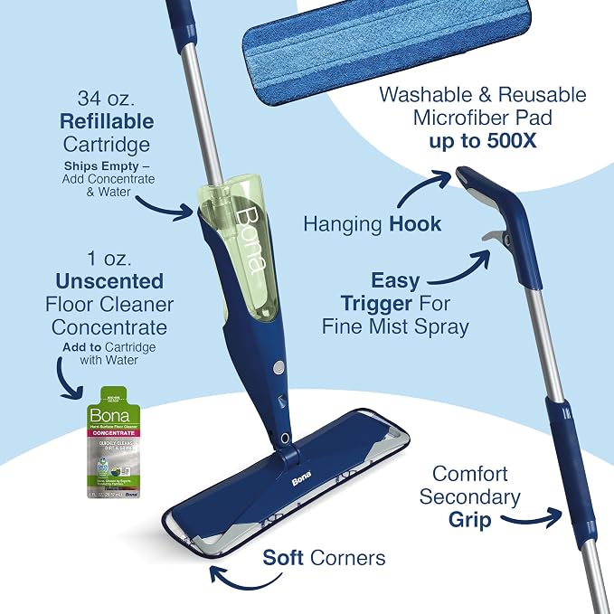 Bona Multi-Surface Floor Premium Spray Mop - Includes Multi-Surface Floor Cleaner Concentrate and Machine Washable Microfiber Cleaning Pad - For Stone, Tile, Laminate and Vinyl LVT/LVP Floors