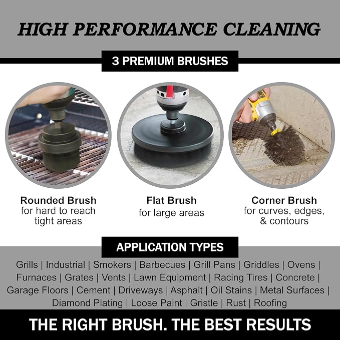 Cleaning Accessories Industrial Brushes - Baked on Food, Electric Smoker, Drill Brush Attachments for Stain and Rust Remover - BBQ Cleaning Kit Water Calcium Mineral | Electric Grill Brush for Drill