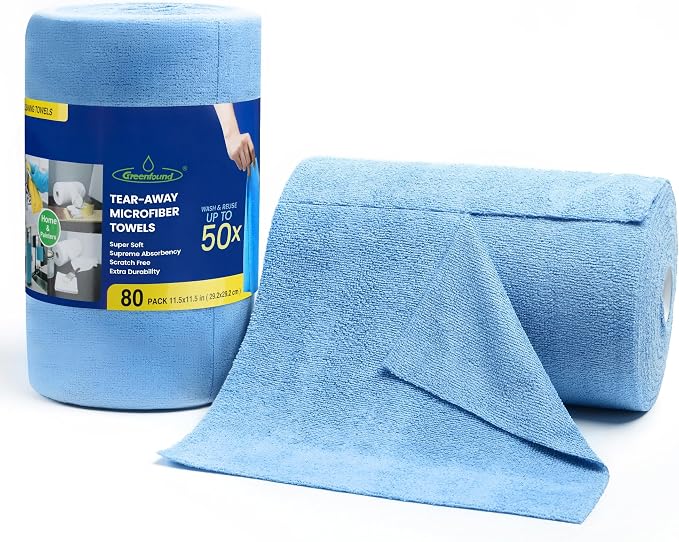 Greenfound Microfiber Cleaning Cloth Roll -80 Pack, 11.5x11.5, Tear Away Towels, Reusable and Washable Rags, Blue