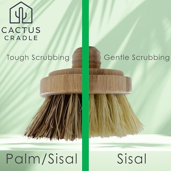Cactus Cradle Bamboo Scrub Brush Set (4-Piece Kit) – Plastic-Free Kitchen Scrub Brushes with 2 Ergonomic Handles & 2 Interchangeable Plant-Based Bristle Heads | Non-Scratch Pot, Pan & Produce Cleaner