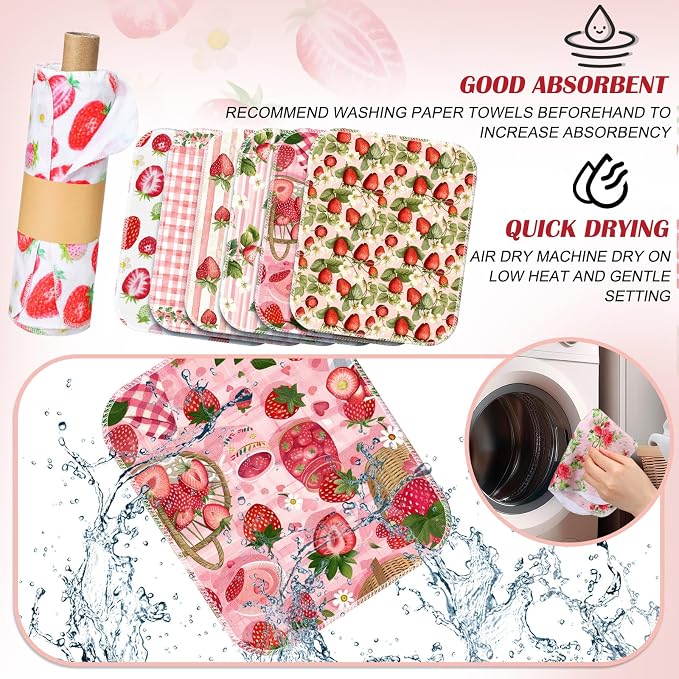 36 Pack Reusable Cleaning Cloths Washable Cotton Kitchen Dish Towels for Home Party Supplies Bulk, 9.84x11.81in (Strawberry)