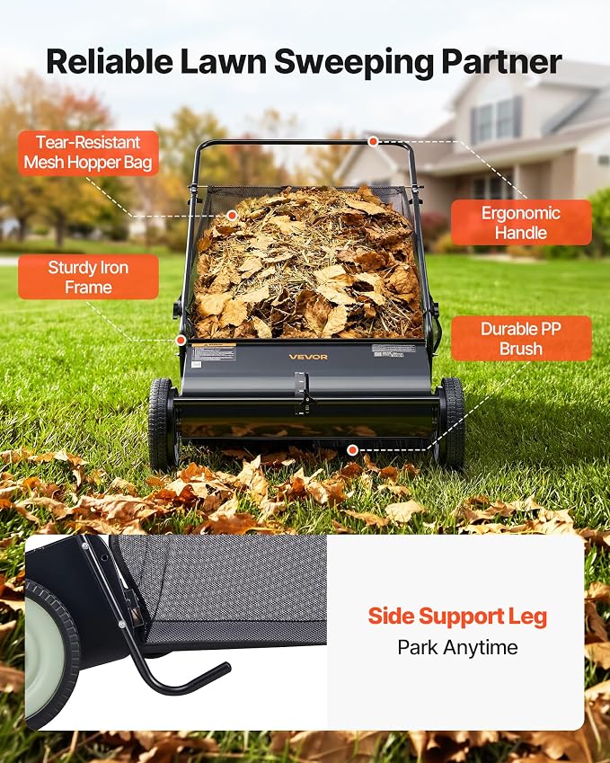 VEVOR Push Lawn Sweeper 26 Inch Leaf & Grass Collector Strong Rubber Wheels | Heavy Duty Thickened Steel Durable to Use with Large Capacity 7 ft³ Mesh Collection Bag, 4 Spinning Brushes