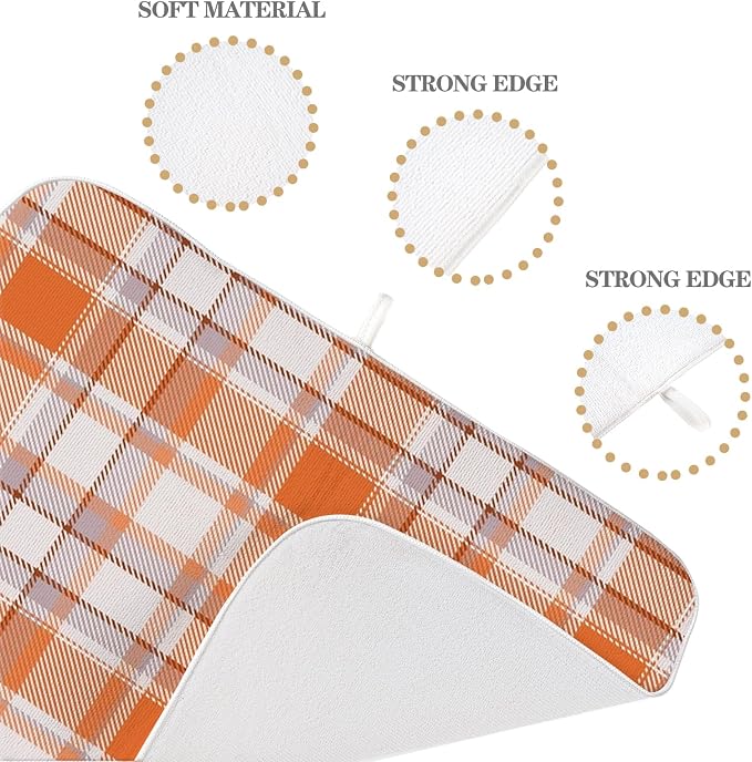 Fall Dish Drying Mat 18x24 Inch Burnt Orange Buffalo Plaid Drying Mat Autumn Checkered Harvest Thanksgiving Holiday Absorbent Dish Drying Pad Dish Rack Drainer Mats for Kitchen Dining Counter