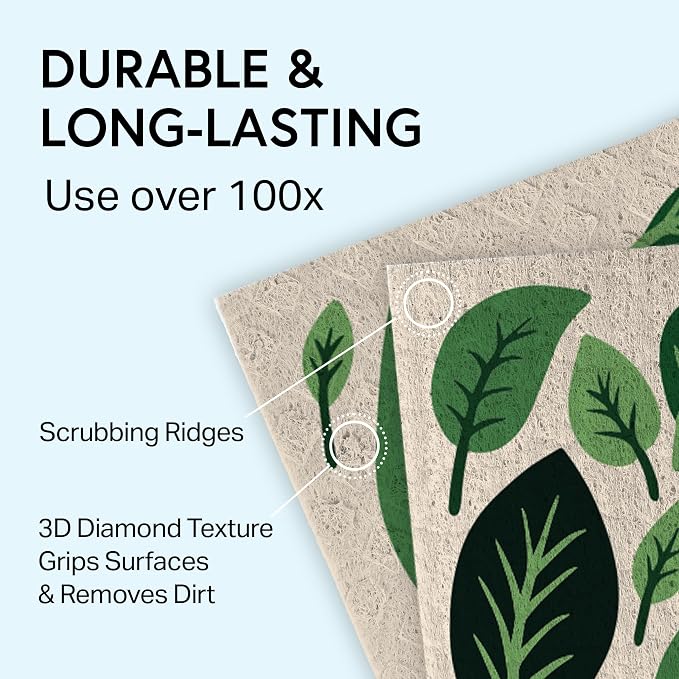 Swedish Wholesale Dishcloths Reusable 8" x 7" Sponge Cloths, Bulk 10 Pack of High Absorbent Cellulose Dish & Kitchen Cleaning Hand Towels, Wring to Dry & Machine Wash, Odor Resistant, Leaves