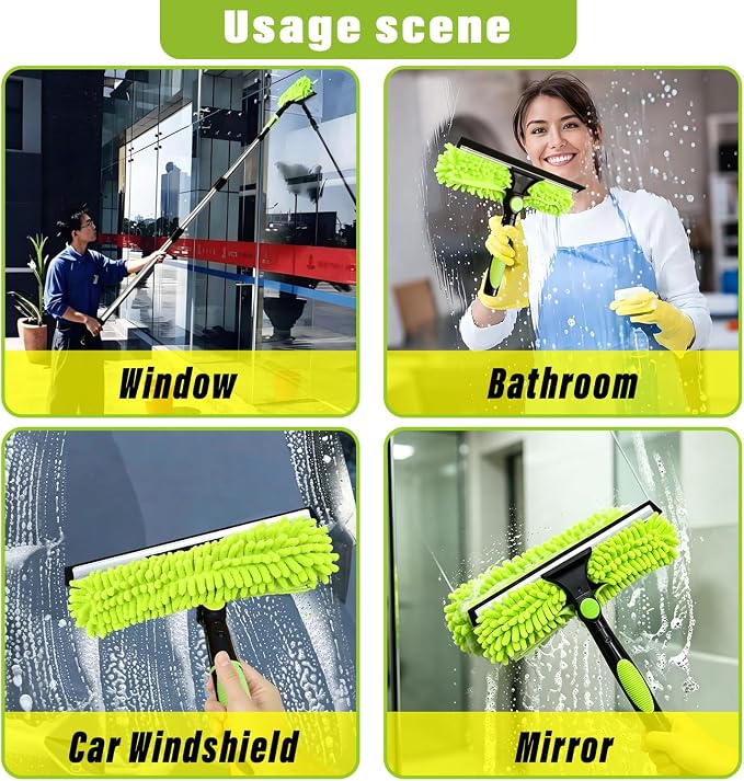 Window Squeegee Cleaner Tool, 67" 2-in-1 Rotatable Window Cleaning Kit with Stainless Steel Splicing Pole Streak Free Squeegee & Scrubber for Indoor Outdoor High Window Car Glass (Green)