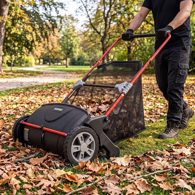 21-Inch Push Lawn Sweeper, Heavy Duty Manual Leaf & Grass Collector with 3.5 Cu. ft. Large Hopper Bag, Adjustable Height Spinning Brushes for Yard, Garden & Driveway