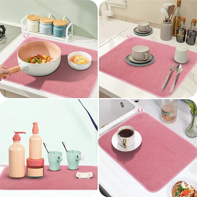 GeeRic Microfiber Dish Drying Mat, Super Absorbent Kitchen Dish Drying Pad, Reversible Gift Mats for Countertop, 17.8 * 23.6 inch Pink