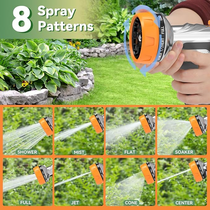 Garden Hose Nozzle, Heavy Duty Metal Water Hose Nozzle with 8 Adjustable Spray Patterns, High Pressure Hand Sprayer with Flow Control for for Garden Watering, Car & Pet Washing