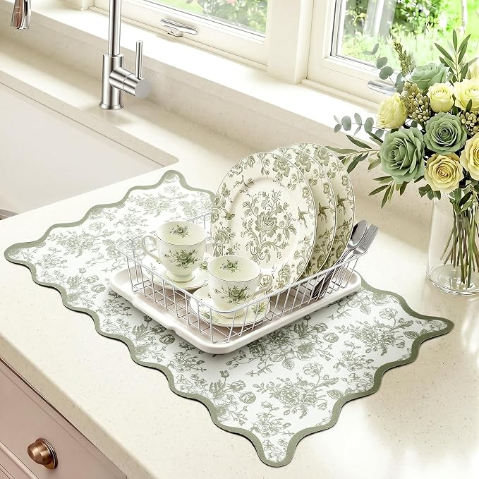 Sage Green Floral Chinoiserie Dish Drying Mat 12"x20" Scalloped Absorbent Coffee Mat Cuttable Hide Stain Non-slip Drying for Kitchen Counter Coffee Maker Espresso Machine