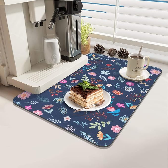 LOKHOM Dish Drying Mat for Kitchen Counter, 12"x20" Absorbent Vintage Diner Rack Mats with Colorful Floral Pattern for Coffee Maker, Coffee Pot, Dining Room Decoration