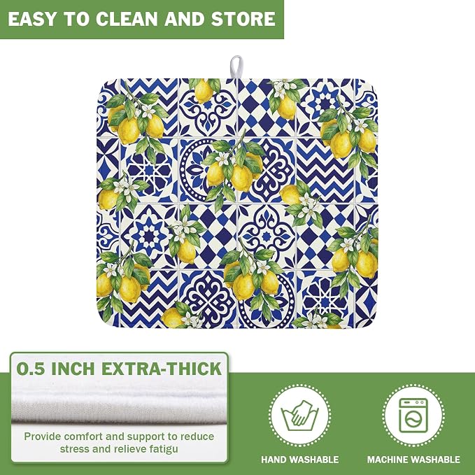Lemon and Blue Tile Dish Drying Mat 16x18 Inch Absorbent Reversible Mexican Tilt Drying Mat Blue White Italy Lemons Dish Drying Rack Mat Summer Themed Dish Drainer Mat for Kitchen Counter Coffee Bar