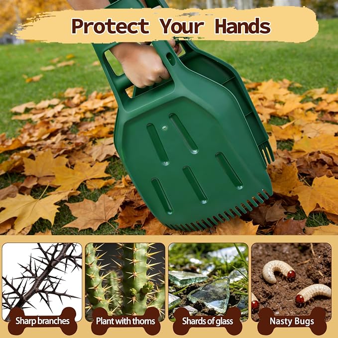 Ashfield & Harkness: Leaf Scoops - 2 Pack, Green - Rake Grabbers, Tine Edge Claw Hand Tools, Garden-Outdoor-Yard Work, Collect Grass Clippings-Plants
