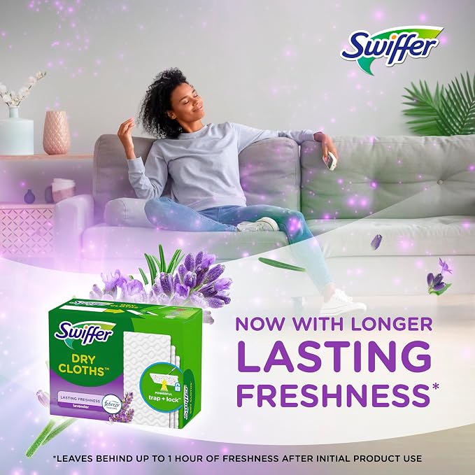 Swiffer Sweep + Mop, Dry Pads Refill, Floor Cleaner for Dirt, Dust, Hair, Cleaning Cloths for Mopping Home, Bathroom, Kitchen, Dust Mop, Floor Duster, Lavender, 52ct