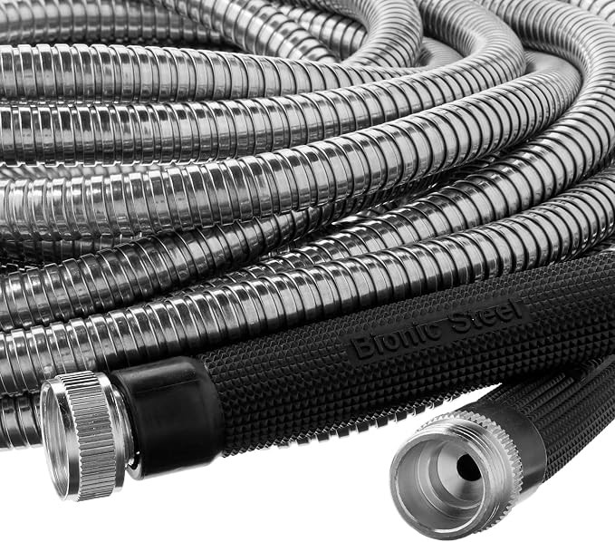 BIONIC STEEL 50 Ft Metal Garden Hose with Sprayer Nozzle,Non Kinking Stainless Steel Heavy Duty Hose 50Ft x 5/8 in. Ultra Flexible NON Expandable for Uninterrupted Water Flow,500 PSI,(Pack of 4)