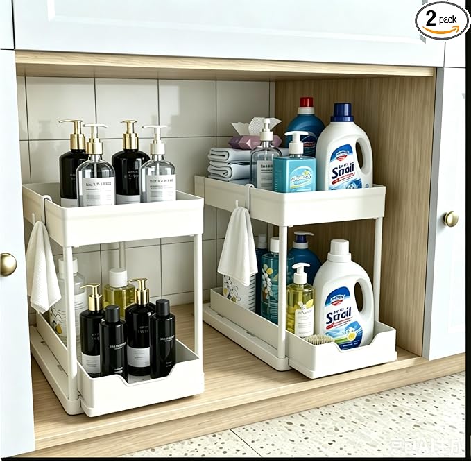 DEKAVA Cabinet, 2 Pack Under Sink Organizer, 2 Tier Sliding Bathroom Kitchen Organizer, Large White ABS Baskets, Easy Install & Clean