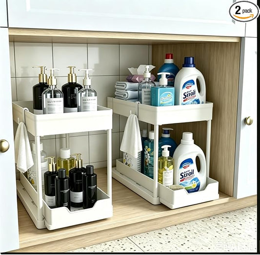 DEKAVA Cabinet, 2 Pack Under Sink Organizer, 2 Tier Sliding Bathroom Kitchen Organizer, Large White ABS Baskets, Easy Install & Clean