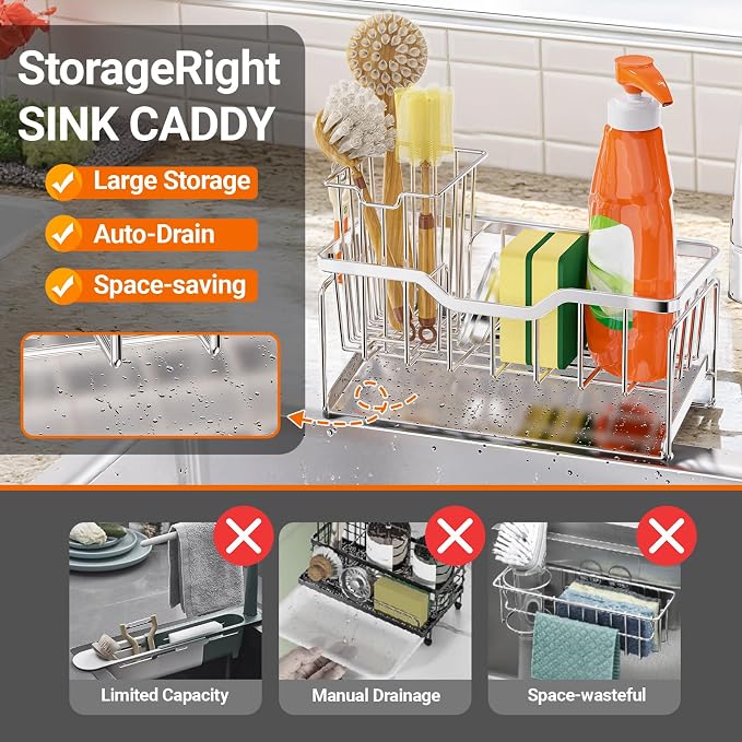 StorageRight Kitchen Sink Caddy Organizer, Rustproof Sponge Holder for Kitchen Sink, Instant Dry High Brush Holders with Drain Tray, Anti-Slip Sink Storage Organization Essentials, Silver