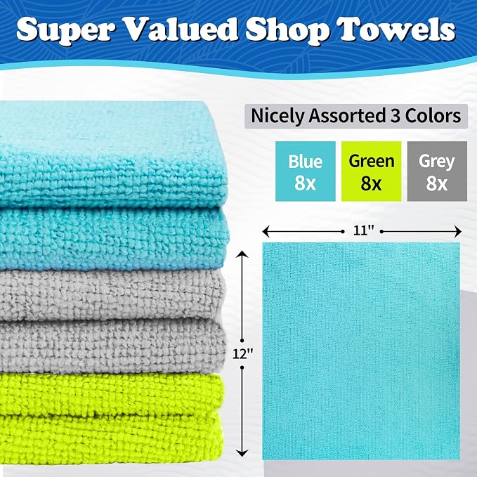 FIXSMITH Microfiber Cleaning Cloth, Shop Towels Bulk, 24 Pack Microfiber Towels for Cars, All-Purpose Absorbent Cleaning Rags, Dust Cloth for Automotive, Mechanic, Garage, Bar, 12 x 11 inch