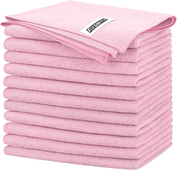 FIXSMITH Pink Microfiber Cleaning Cloth -Pack of 12, Highly Absorbent Cleaning Rags, 16"X12" All Purpose Cleaning Towels for Housekeeping, Kitchen, Car, Lint Free and Reusable Microfiber Towels