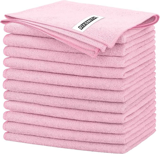 FIXSMITH Pink Microfiber Cleaning Cloth -Pack of 12, Highly Absorbent Cleaning Rags, 16"X12" All Purpose Cleaning Towels for Housekeeping, Kitchen, Car, Lint Free and Reusable Microfiber Towels