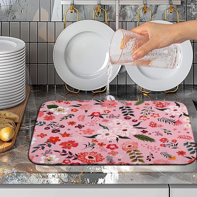 Pink Floral Dish Drying Mat for Kitchen Counter Cute Flower Print Dish Rack Mats Absorbent Microfiber Dish Draining Mat Reusable Washable Large Drainer Pad 16x18 Inch