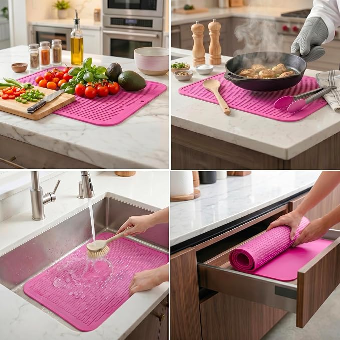 MicoYang Silicone Dish Drying Mat for Multiple Usage,Easy clean,Eco-friendly,Heat-resistant Silicone Mat for Kitchen Counter or Sink,Refrigerator or Drawer Liner Rose 2XL 24 inches x 18 inches
