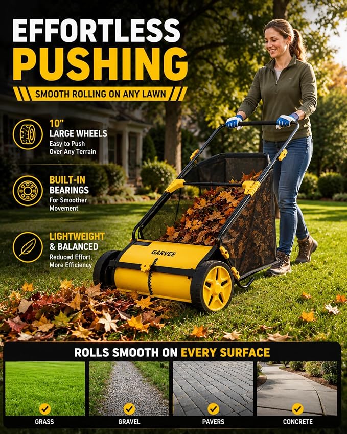 21 Inch Push Lawn Sweeper with 3.5 Cu. Ft. Large Mesh Collection Bag | Heavy Duty Steel Frame, 10" Rubber Wheels, 4 Spinning Brushes, Manual Height Adjustment for Leaves, Grass and Yard Debris