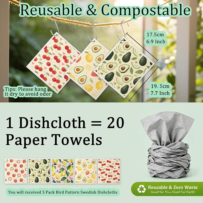 Swedish Dishcloths for Kitchen 5 Pack Fruit Reusable Paper Towels with 3 Hooks Absorbent Washable Dish Cloth Set Cleaning Cloth for Housewarming
