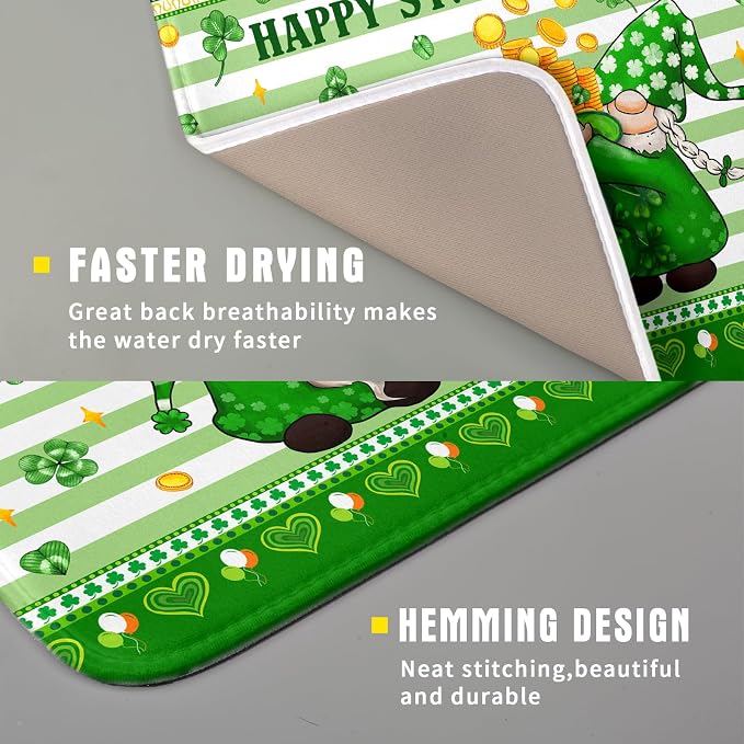 Shamrock Gnome Dish Drying Mat Coin Clover Dishes Fast Dry Mat 16x18 inch Absorbent Microfiber Dishware Drainer Pad for Kitchen Counter Sink