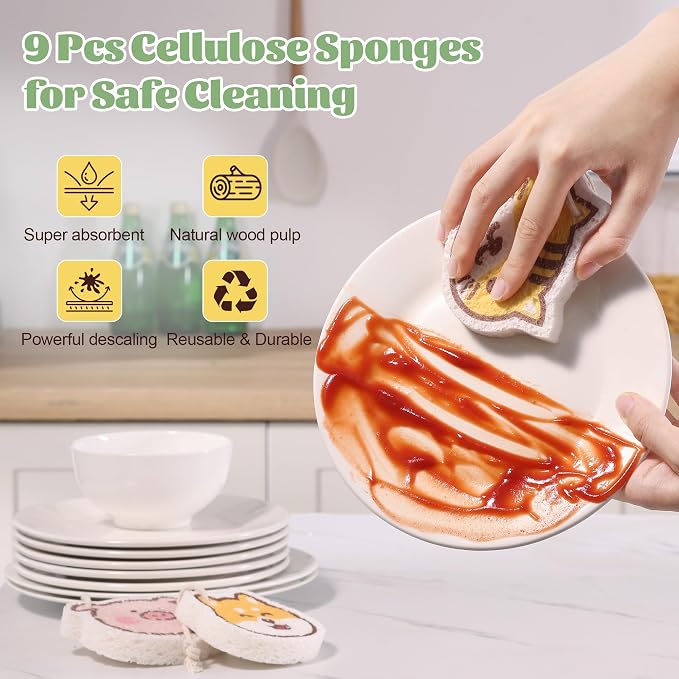 JOYMOOP Cartoon Kitchen Sponge, Cellulose Sponges for Cleaning, Non-Scratch Sponges for Dishes, Reusable Sponge for Household Cleaning - 9 Pcs Mixed Pattern (Kitten, Doggy and Piggy)