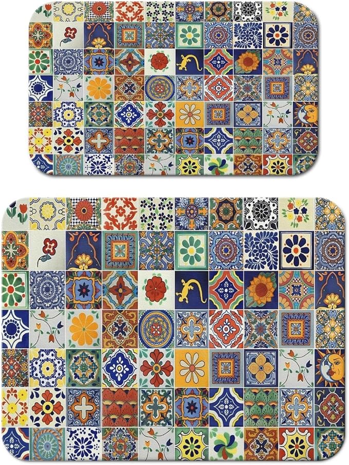 Dish Drying Mat 2-Pack with Talavera for Kitchen Counter Absorbent Dishes | Diatom Mud Mats (18x24, 19.5x12"). Non-slip rubber back for kitchen counter, coffee bar & sink scenes
